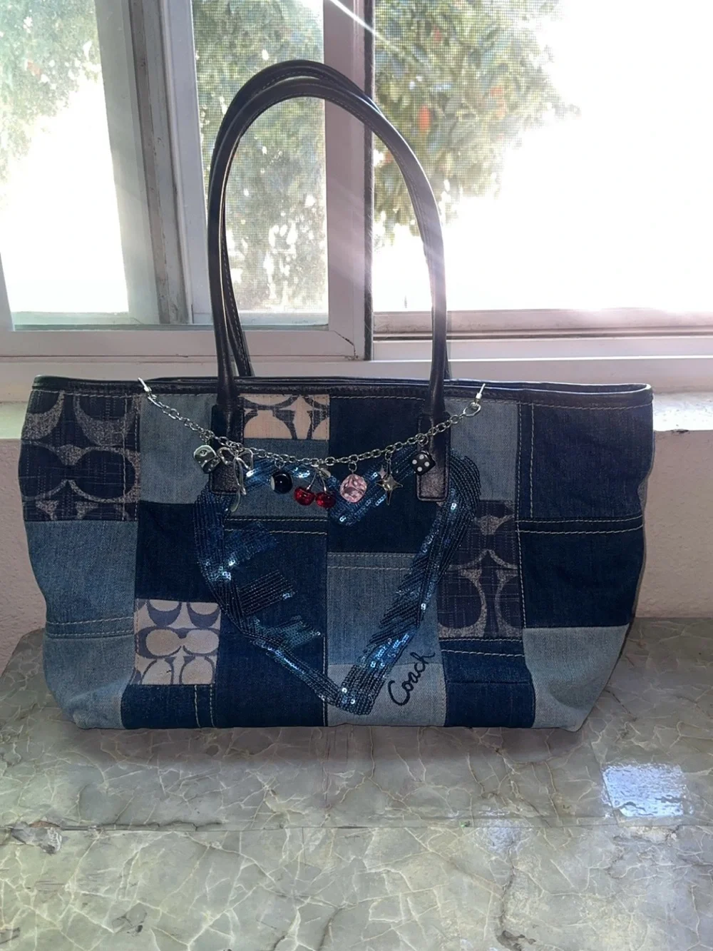 Coach Blue Patchwork Denim Tote with Sequin Heart